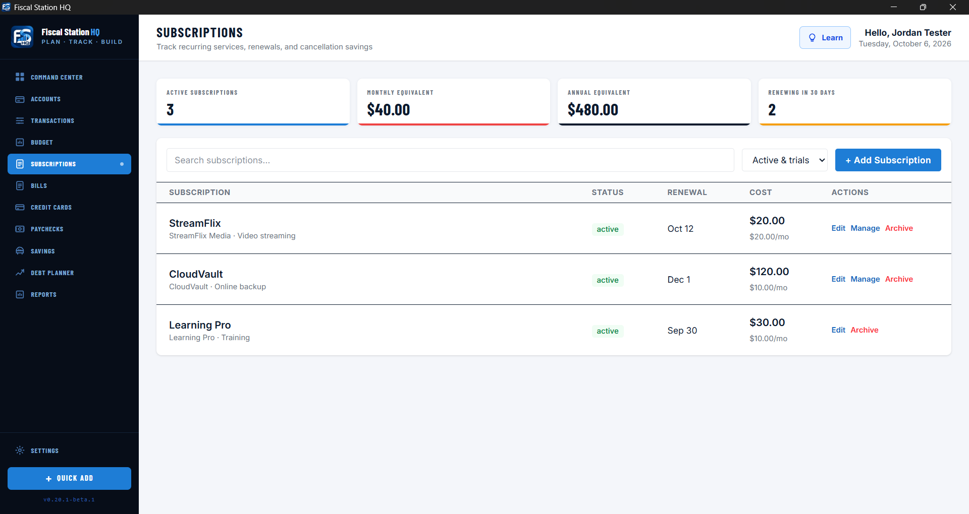 Fiscal Station HQ Subscriptions page